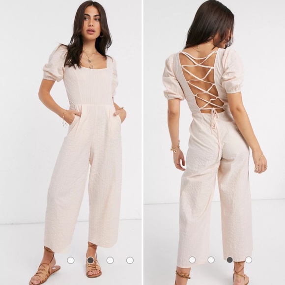ASOS Pants - ASOS DESIGN Seersucker Lace Up Back Jumpsuit In Blush